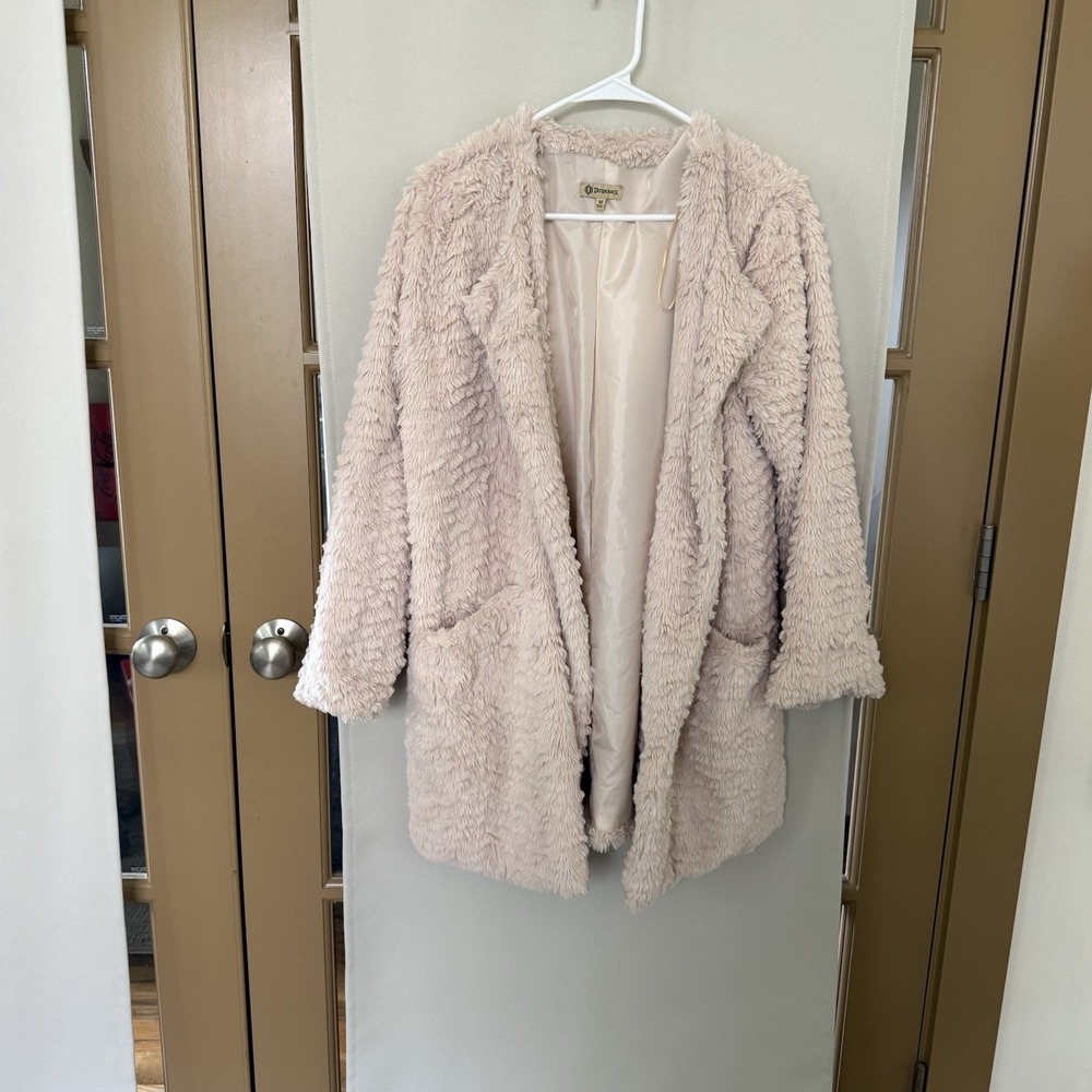 Democracy Womens Medium Ivory Faux Fur Teddy Mid Length Open Coat Pockets